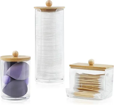Productafbeelding van Acrylschalenhouders met bamboe deksel, 3 stuks, transparant, geschikt voor badkamer en slaapkamer