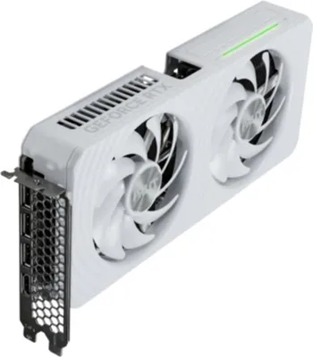 A white graphics card with two fans is shown from a diagonal angle against a white background.