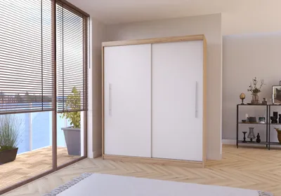 A modern bedroom with a large sliding door wardrobe.
