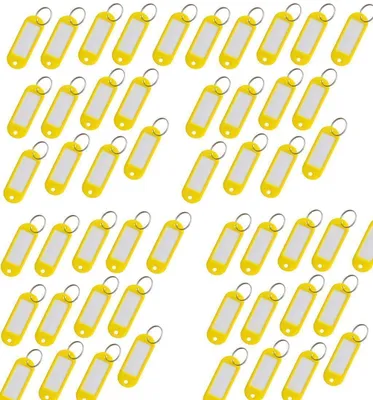 Image de 150 porte-clés à personnaliser - Étiquettes pour porte-clés à personnaliser | Anneau porte-clés à personnaliser | Anneau porte-clés en plastique avec étiquettes interchangeables - Couleur : jaune