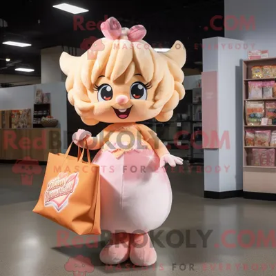 Image de Personnage mascotte REDBROKOLY d un Cupidon Pêche habillé d une robe droite et de sacs fourre-tout