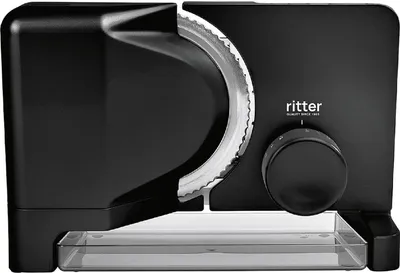 A black Ritter brand food slicer is shown in a close-up studio shot with a white background.