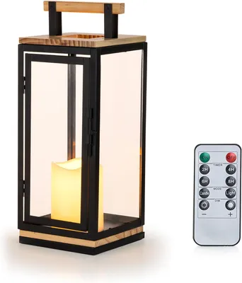 Immagine prodotto di Lanterne in legno per candele da interno: altezza 34 cm. Lanterne decorative con colonna di luce a LED, adatte per interni ed esterni, per soggiorno, giardino o come portacandele natalizi