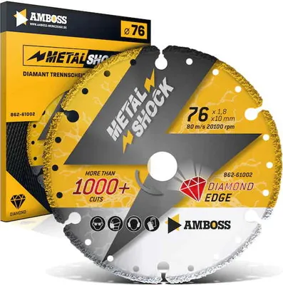 Produktbild von Amboss Metal Shock 1000+ - Diamant Trennscheibe 76 x 1,8 x 10 mm - passend für kompakte Akku-Winkelschleifer von Bosch / Metabo / Milwaukee uvm.