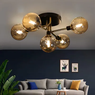 Image de ZMH Plafonnier à 5 flammes avec boule en verre ambre Plafonnier blanc chaud Douille G9 Lampe d'intérieur Couronne pour chambre à coucher Salon