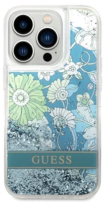 Zdjęcie produktu dla Etui Guess Flower Liquid Glitter do iPhone 14 Pro zielony