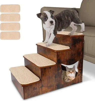Produktbild von Famanu Hundetreppe 4 Stufen, Antirutsch-Hundetreppe aus Holz für Sofa, bis 80 kg, 39 x 60 x 47 cm