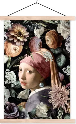 Produktbild von MuchoWow® Textilposter Mädchen mit Perlenohrring - Blumen - Vermeer - Pastell - Kunstwerk - Gemälde - Alte Meister 40x60 cm mit holzfarbenen Rahmen - Poster