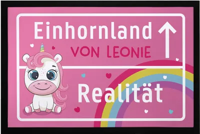 Produktbild von Fußmatte Kinderzimmer personalisiert Einhorn-Land von Wunschname Türvorleger Kind rutschfest & waschbar SpecialMe® schwarz 60x40cm