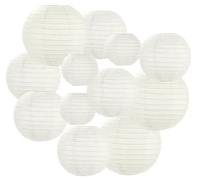 Papierlaternen, 12 Stück, rund, 10–25 cm, weiß