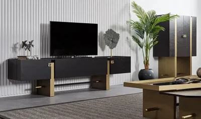 Immagine prodotto di Mobiletto TV in legno nero, 3 cassetti, moderno, a libera installazione