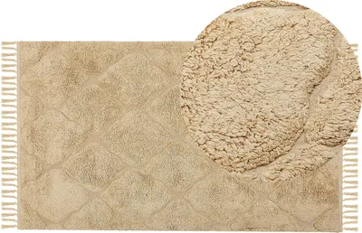 Obrázok produktu pre BELIANI Koberec béžová bavlna 80 x 150 cm geometrický vzor so strapcami ručne všívaný boho moderný štýl obývačka spálňa