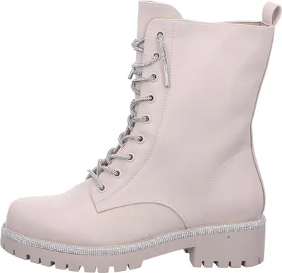 A side view of a beige lace-up boot with a white background.