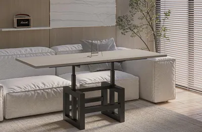 A modern living room with a couch and a lift-top coffee table.