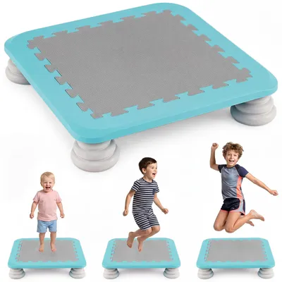 Produktbild von COSTWAY Mini-Trampolin für Kinder, 65 cm großes Trampolin-Sprungbrett, Sensorisches Spielgerät mit 4 abnehmbaren Fußpolstern, Trainingsgerät, Blau