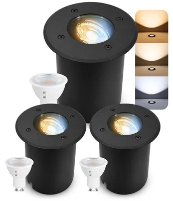 Produktbild von SSC-LUXon 3er Set JUAVI Bodeneinbauleuchte aussen IP67 LED - Bodenstrahler schwarz 230V befahrbar - inkl. GU10 LED Lampe 3W drei einstellbaren Lichtfarben 3CCT