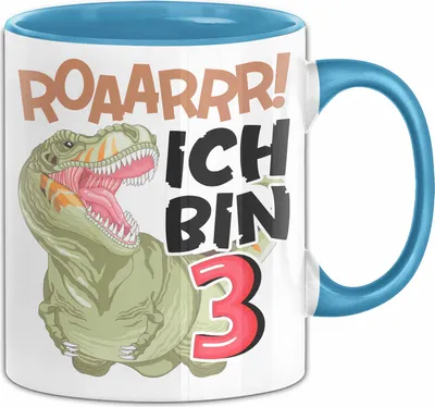 Produktbild von 3. Geburtstag Geschenk Tasse Becher Jungs Dino T-Rex Roaarrr Ich Bin 3 (Blau)