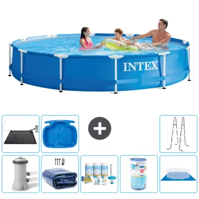 Produktbild von Intex Rundrahmen-Schwimmbecken – 366 x 76 cm – Blau – inklusive Pumpe Sonnensegel - Wartungspaket - Filter - Bodenplane - Solarmatte - Leiter