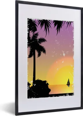 Produktbild von MuchoWow® MuchoWow® Gerahmtes Poster Boot - Segeln - Palme - Nacht 40x60 cm - Poster mit zchwarzem Bilderrahmen - Poster in Rahmen