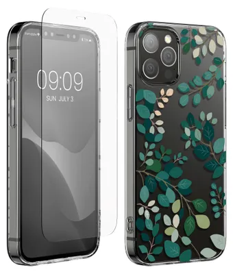 Produktbild von kwmobile Hülle kompatibel mit Apple iPhone 12 / iPhone 12 Pro Handyhülle - Silikon Case transparent - Mit Glas Schutzfolie - Frühlingsblätter Grün