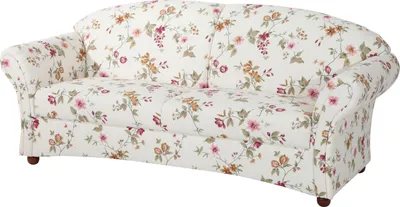 A floral patterned sofa on a white background.
