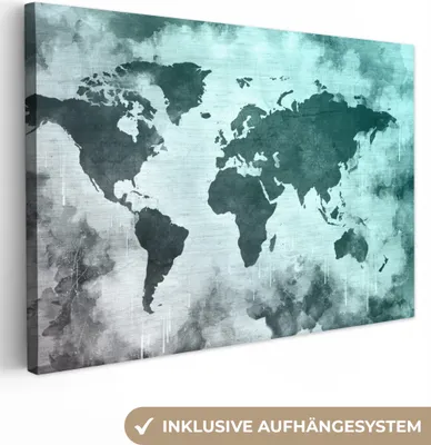 Produktbild von OneMillionCanvasses® - Leinwandbilder - 140x90 cm, Weltkarte - Grau - Blau, Wandbilder Kunstdruck Wanddekoration