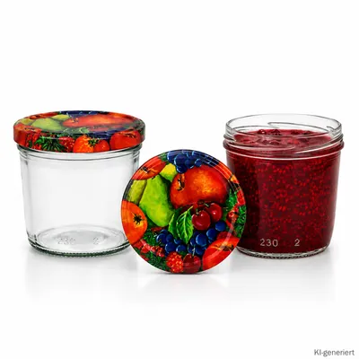 Immagine prodotto di Set da 25 vasetti per marmellata da 230 ml con coperchio decorato con frutta, vasetti per conserve