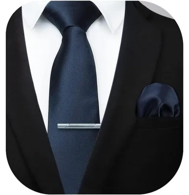 Image de Ensemble de cravates pour hommes, comprenant une cravate, une poche de cravate et une pince à cravate, de couleur bleu marine, avec une largeur de 8,5 cm