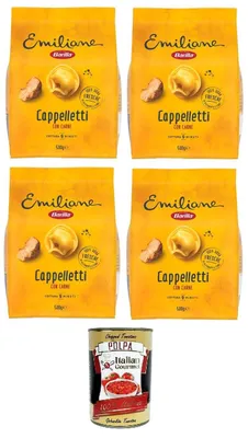 Produktbild von Barilla Cappelletti alla Carne4x 500 g – Eiernudeln mit Fleischfüllung – Italienische gefüllte Pasta – Schnelle Zubereitung+ Italian Gourmet polpa