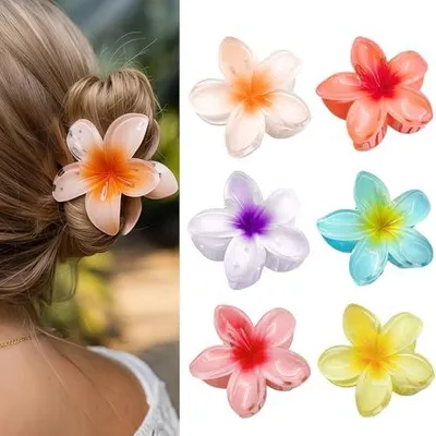 Produktbild von 6 Blumen-Haarklammern im Hawaii-Stil, Haarkrallen und Haarspangen für dickes und dünnes Haar, dekorative Clips mit Blumenspirale, große bunte Blumen-Haarclips für Frauen und Mädchen