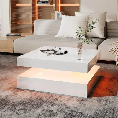 Produktbild von Radelldar Wohnzimmertisch Hochglanz mit USB, Beleuchtung&Fernsteuerung modern, 78 x 78 x 40cm, Weiß