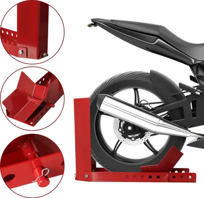 Image de Béquille de moto Jayseuw 1 bascule de moto remorque aide au chargement réglable béquille de moto pince de roue avant avec 3 trous de boulon d'ancrage béquille de transport bascule de roue rouge