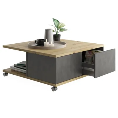 Image de CALICOSY - Table Basse sur Roulettes 2 Tiroirs 2 Niches L70 cm - Twin