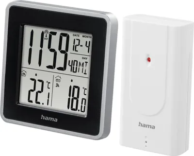 A digital weather station and its outdoor sensor are shown against a white background.