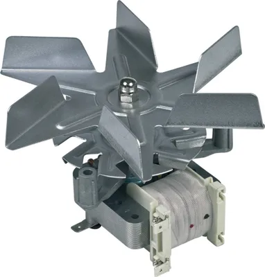 A close-up studio shot of a ventilation motor with a fan.