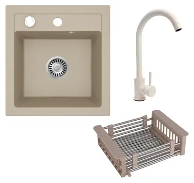 Produktbild von [Granitspüle 49x52+Spülkorb+ Armatur] Hochwertige Eckige Granit Spülbecken f. Unterschränke ab 45 cm inkl.Siphon Set, Farbe:Beige