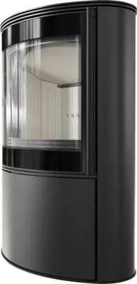 A black modern wood-burning stove with a curved glass door.