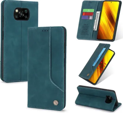 Image de Etui rétro en cuirPolyuréthanepour Xiaomi Poco X3 / Poco X3 Pro étui design avec porte-cartes et support bleu