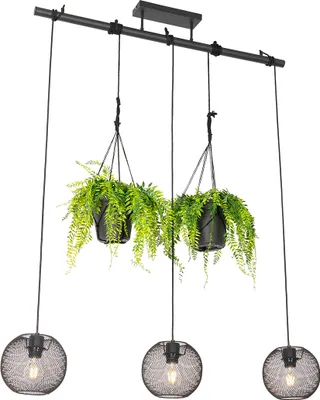 A black pendant light fixture with three hanging lamps and two artificial plants.