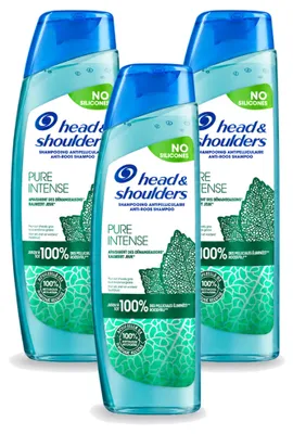Imagen del producto de 3 champús Head & Shoulders Pure Intense para combatir la caspa, con extracto de menta, de 250 ml cada uno. Pack de 3 unidades