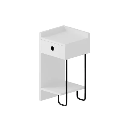 A white modern nightstand with a single drawer and a shelf, supported by black metal legs, isolated on a white background.