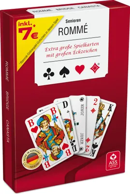 A product box for a card game called "Senioren Rommé" with playing cards displayed.
