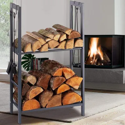 Produktbild von BAKAJI Vertikaler Holzständer aus Metall, Holzregal, 2 Regale für den Innen- und