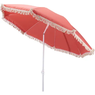 Produktbild von Sonnenschirm mit Fransen 155 cm Mediterran Koralle neigbar UV Schutz 30+ Tragetasche