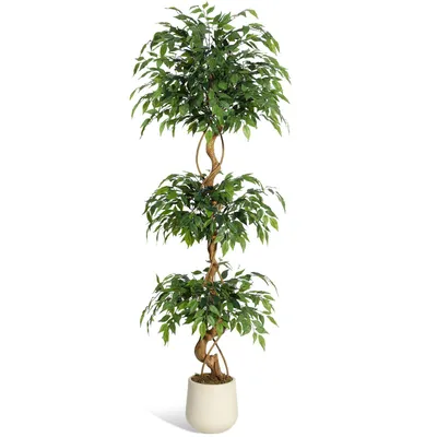 Produktbild von Kunstpflanzen Ficus Benjamini Ficusbaum mit Topf 180 cm – Birkenfeige mit Echtholzstamm, täuschend echte Seidenblätter, pflegeleicht & immergrün