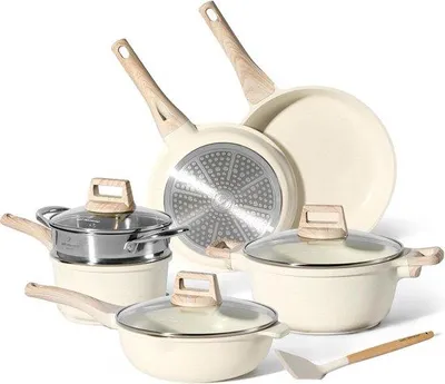 Zdjęcie produktu dla Zestaw ceramicznych patelni indukcyjnych z pokrywką, wzór granitowy, powłoka nieprzywierająca