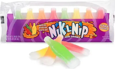 A pack of Nik-L-Nip mini drink bottles with some bottles in the foreground.