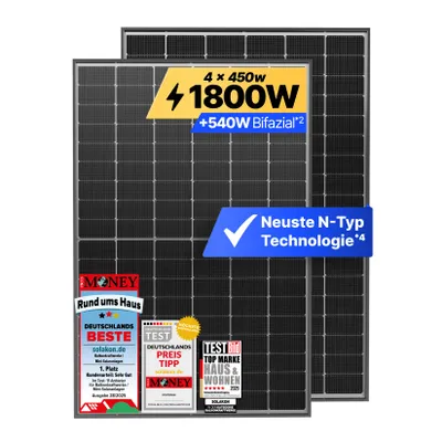 Produktbild von Solakon® Solarmodul 450W Bifazial Glas-Glas N-Type – Full Black PV Modul 40V für Balkonkraftwerk (4 Stück)