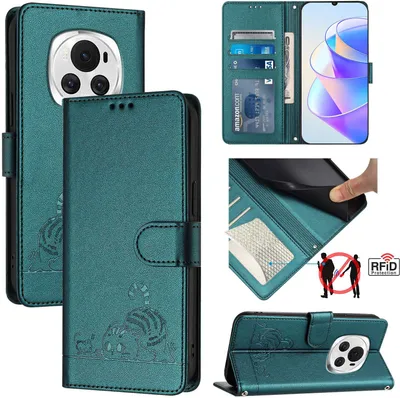 Produktbild von Leder Hülle für Honor Magic6 Süße Katze Flip Case Brieftasche Schutzhülle mit Standfunktion Grün