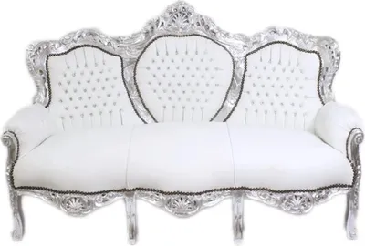 Produktbild von Barocksofa Barock Sofa Armlehne 3 Sitzer Weiß Silber Kunstleder Esszimmer Wohnzimmer Büro Flur Klassisch Barock Premium Luxus Modern Retro Royal